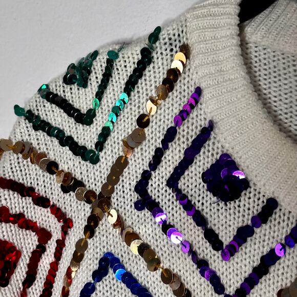 Vintage 1980s Sequins Sweater Princess Collection Rainbow Harlequin Design Sz L - Picture 2 of 16